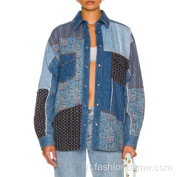 Patchwork Floral Oversize Button Up Pockets Denim Jacket